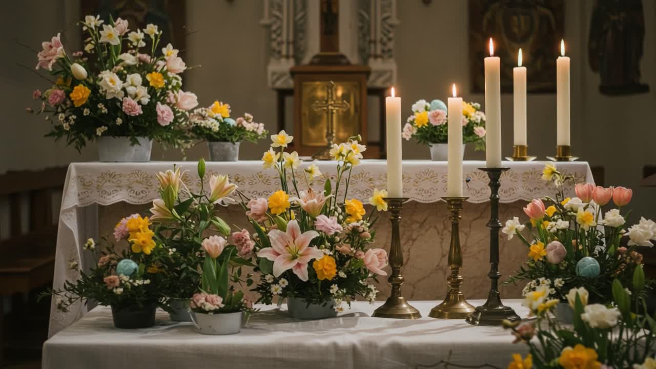 Vibrant Floral Arrangement Displaying Springtime Beauty and Serenity with Lit Candles in a Church Setting, Symbolizing Renewal and Hope