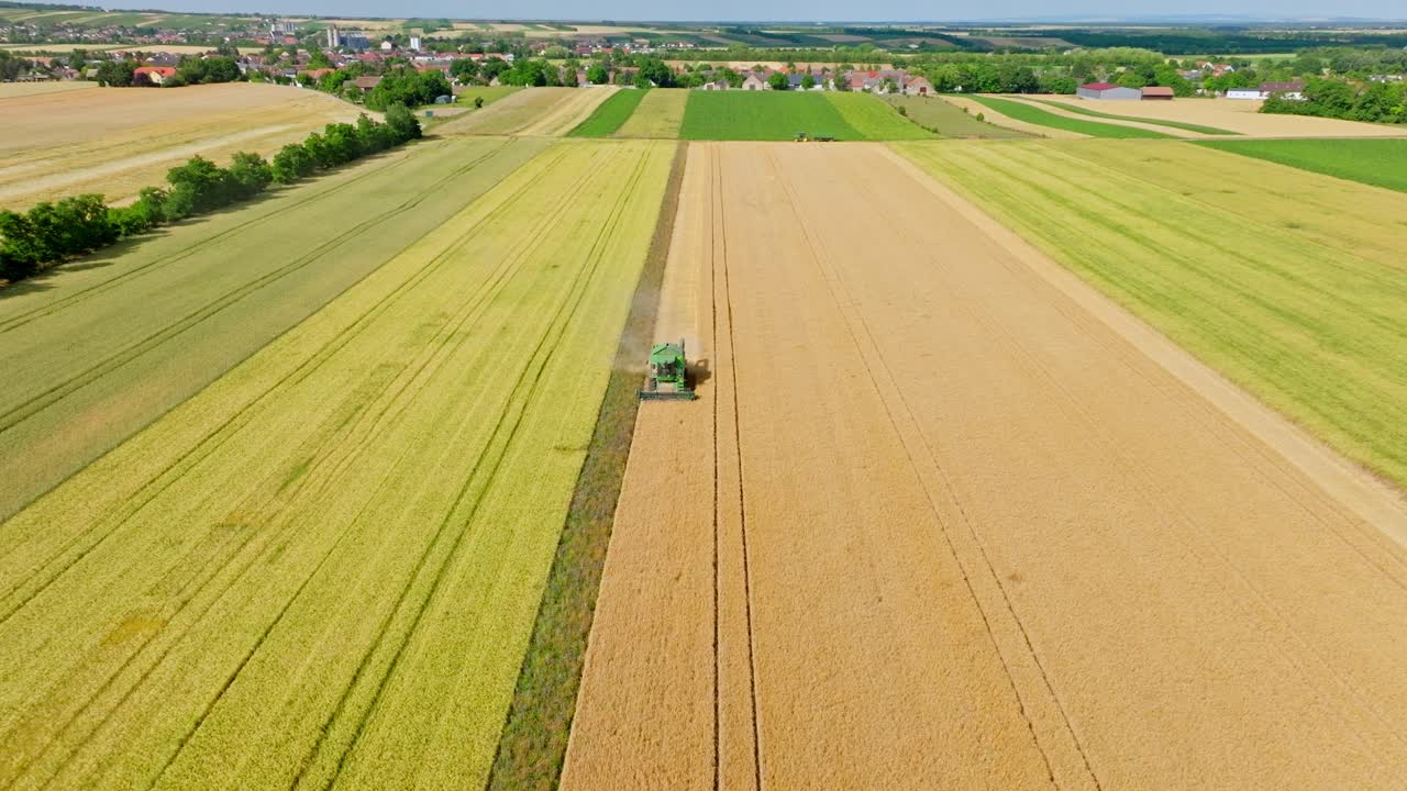 Combine Harvester In The Field During Harvest - aerial drone shot