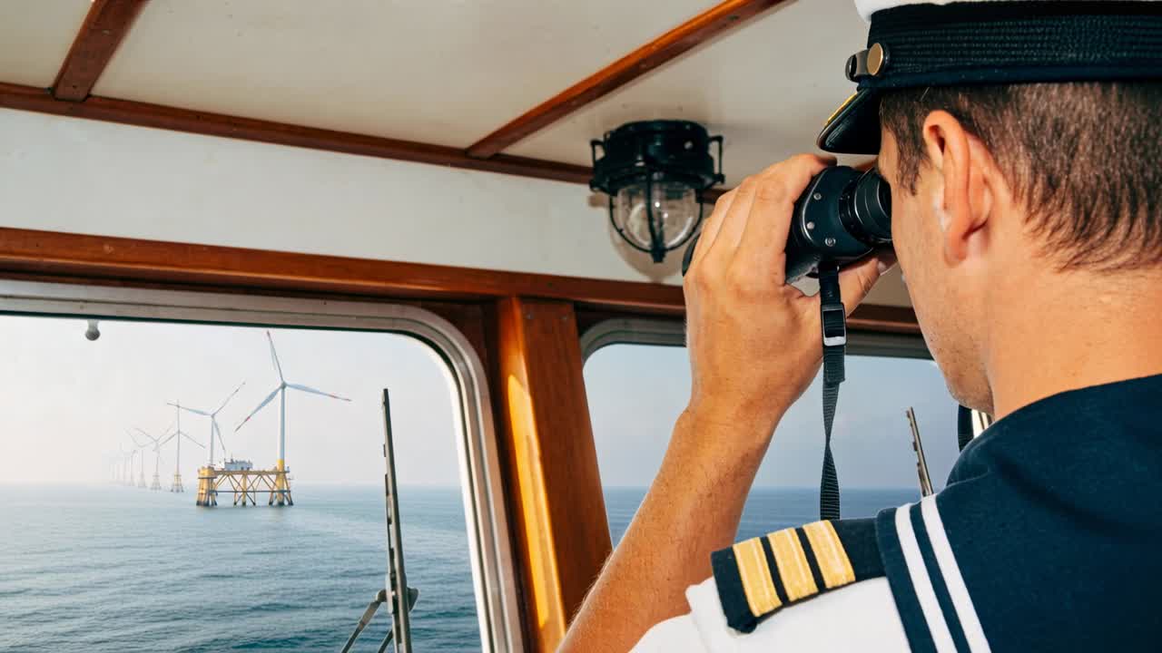 Ufficiale in uniforme scruta con un binocolo dal ponte di comando mentre la nave supera un parco eolico, con spazio per il testo.