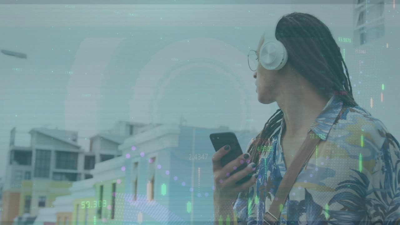Animation af finansiel databehandling over mand, der bruger smartphone