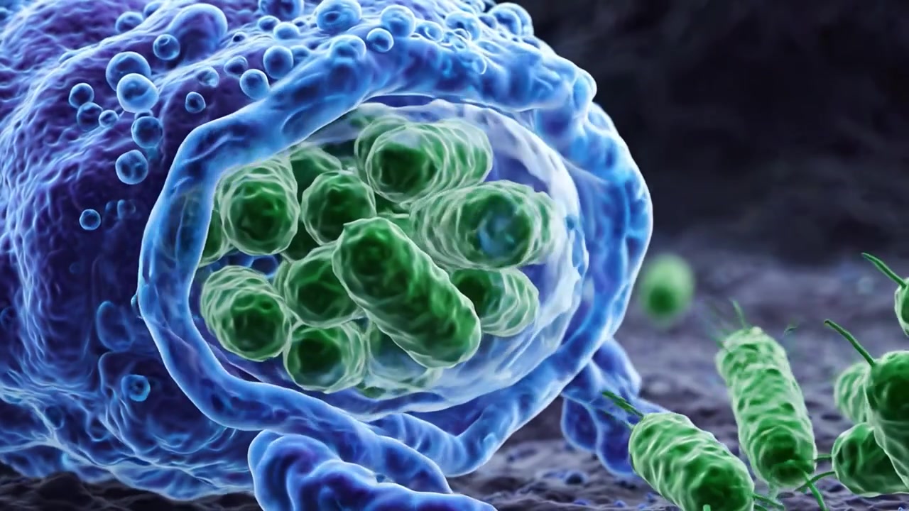Una visione microscopica delle interazioni cellulari: cellule immunitarie che incontrano batteri, evidenziando la complessità degli ecosistemi microbici e dei meccanismi di difesa dell'ospite.