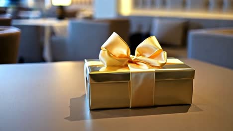 a golden gift box with a ribbon