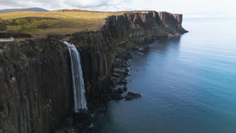 drone dolley shot over the mealt falls in scotland on a sunny day