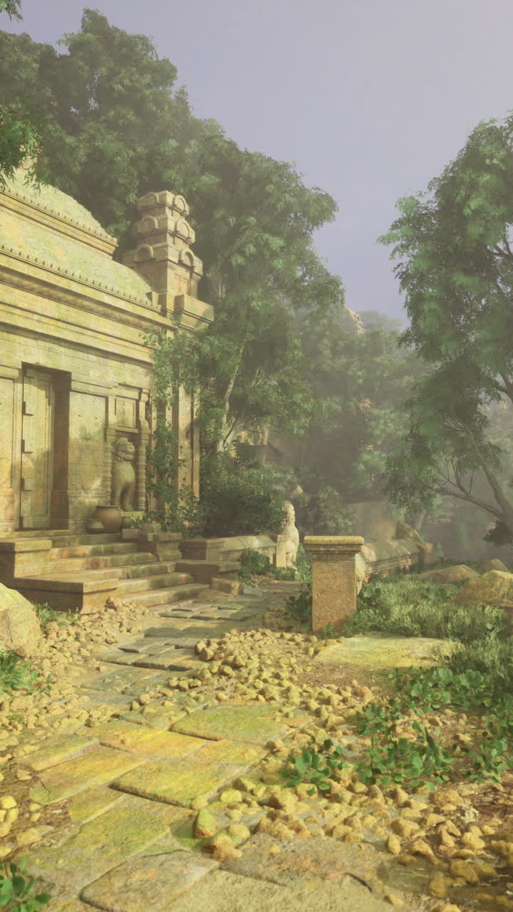 Exploring an ancient temple nestled in a lush forest landscape