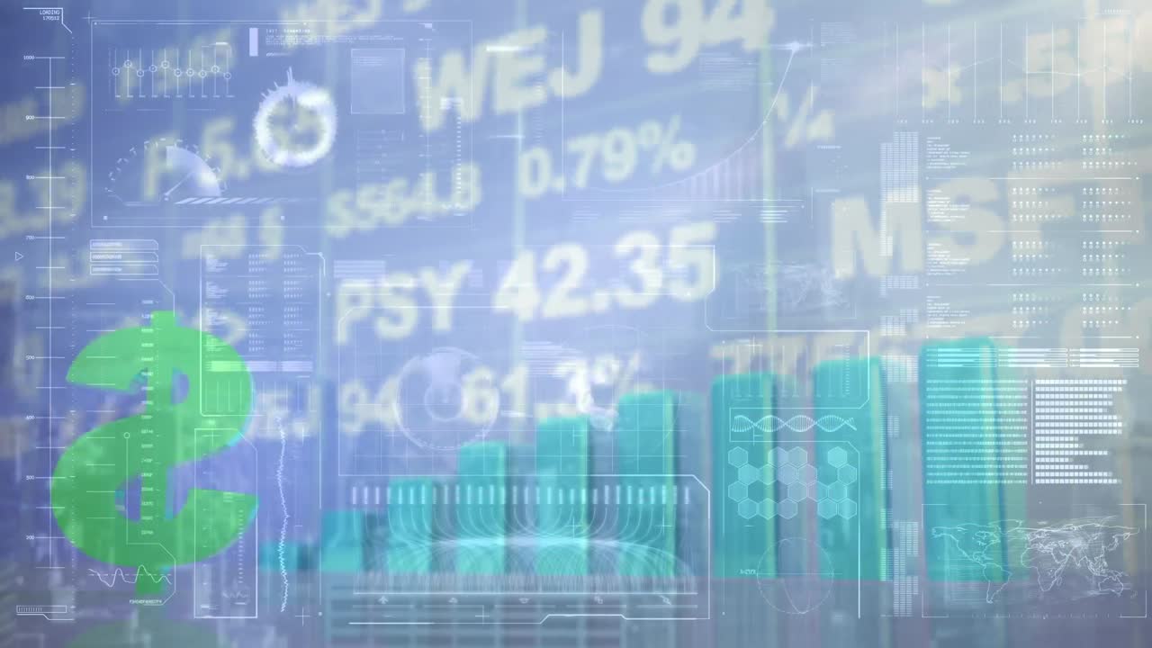 Dollar sign spinning against Financial data processing