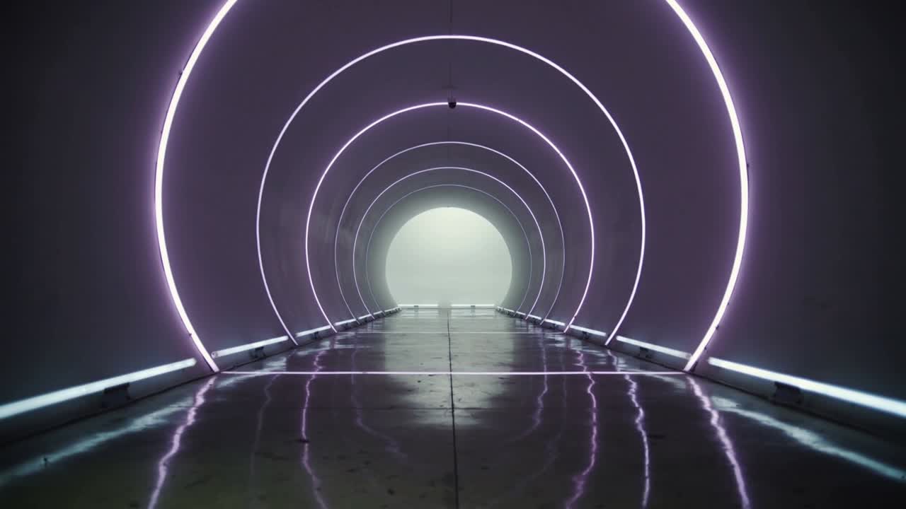 Kamera bevæger sig fremad i teknisk tunnel, der afslører koncentriske LED-ringe, gulvglød viser dybde.