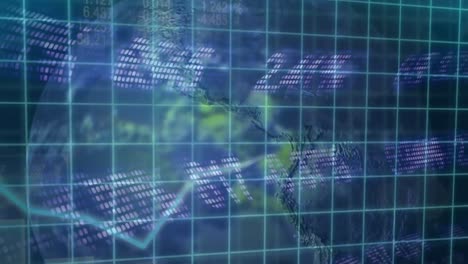 globo que gira con datos del mercado de valores en primer plano