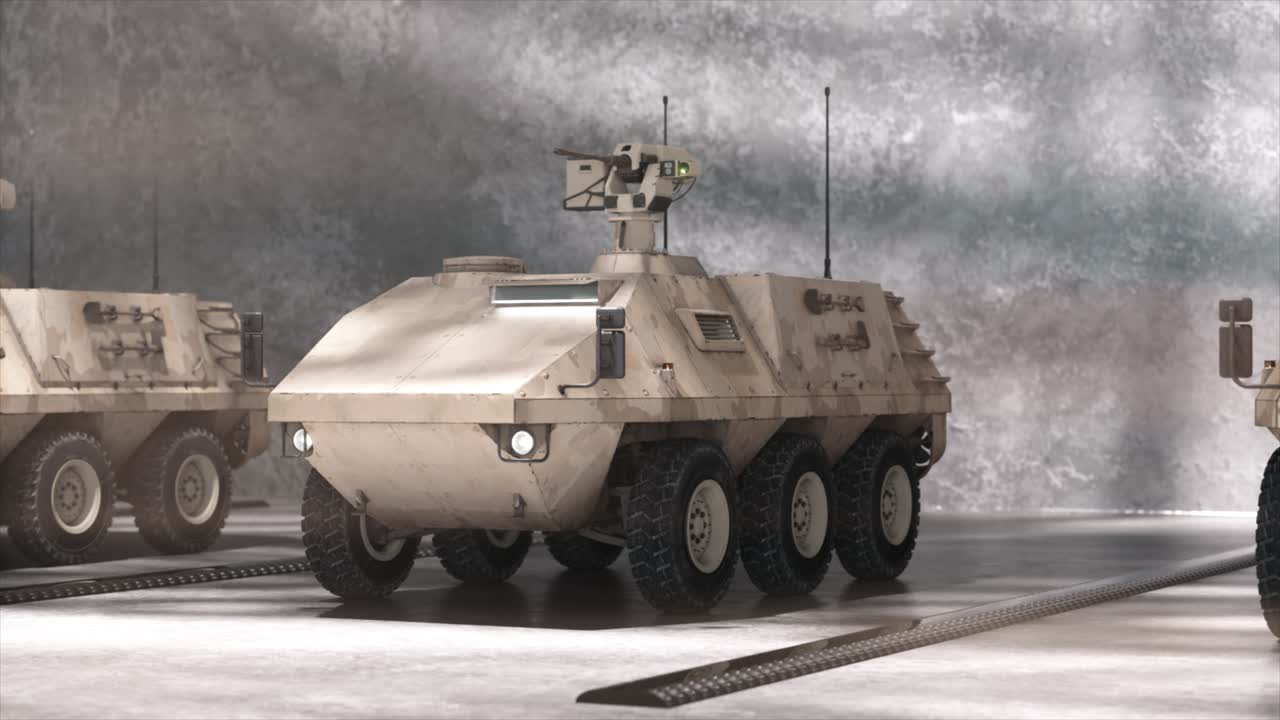 Veicoli militari blindati in un magazzino