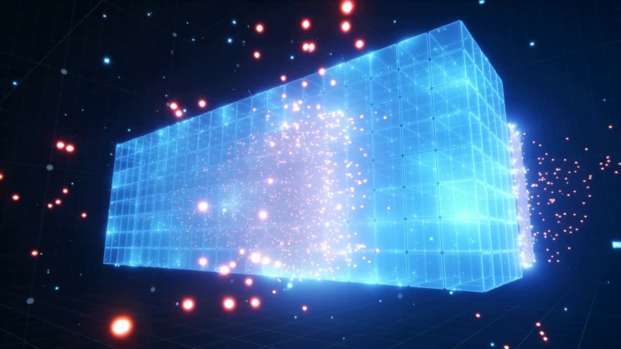 Incoming orange-red particles passing through blue cuboid in dark 3D space, brightening grid nodes