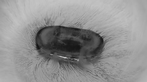 Black-and-white-macro-timelapse-of-small-pill-dissolving-in-water