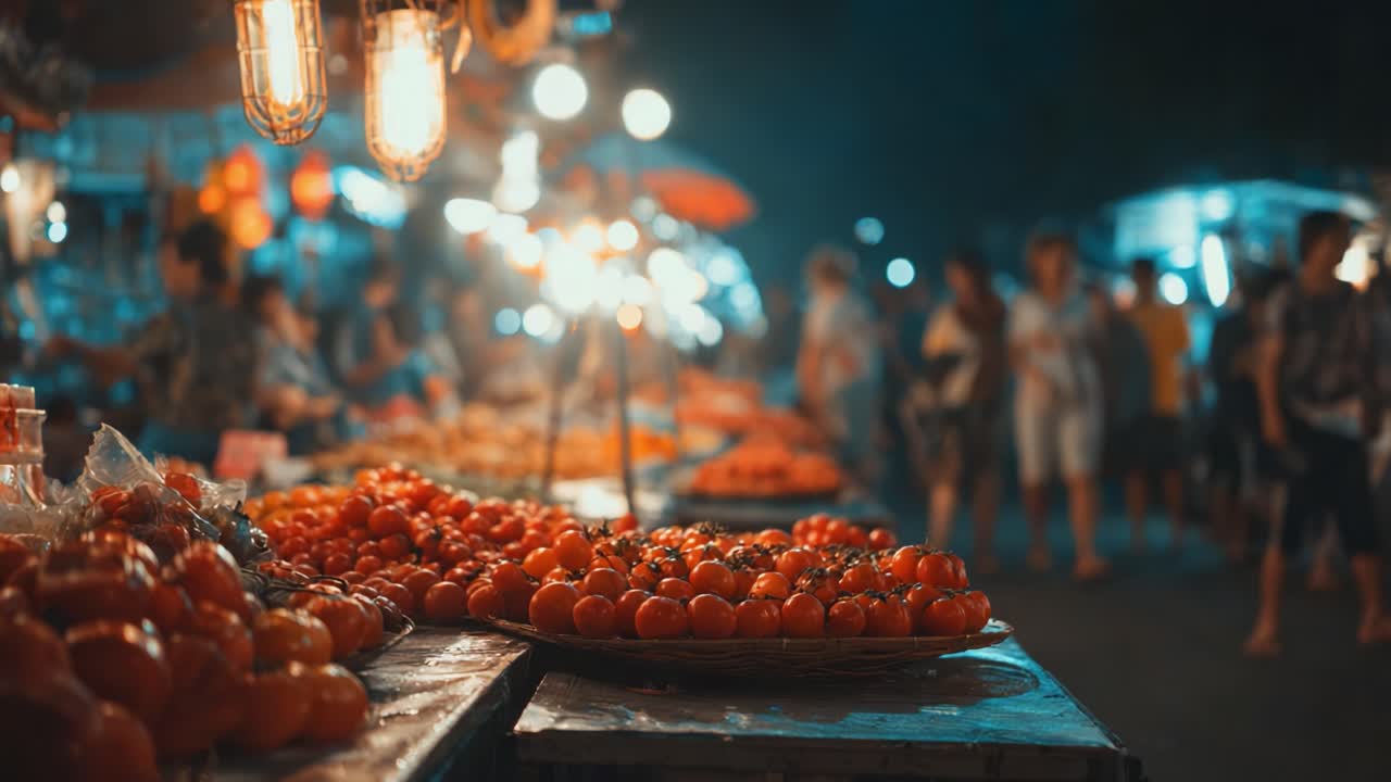 A Vibrant Night Market Displaying Fresh Fruits: Luscious Red Tomatoes in Focus Amidst a Bustling Atmosphere of Shimmering Lights and Colorful Stalls