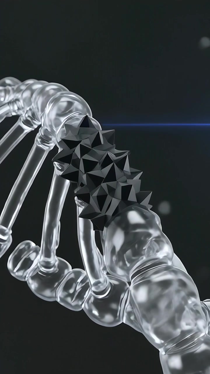 Vertical video: Sending blue beam tool prying black spikes from glass spine in CGI lab causing glow