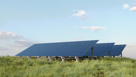 Solar panels in grassy field. 3D animation render
