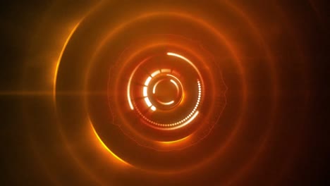 Animation-of-multiple-shiny-and-orange-circles-spinning-on-black-background