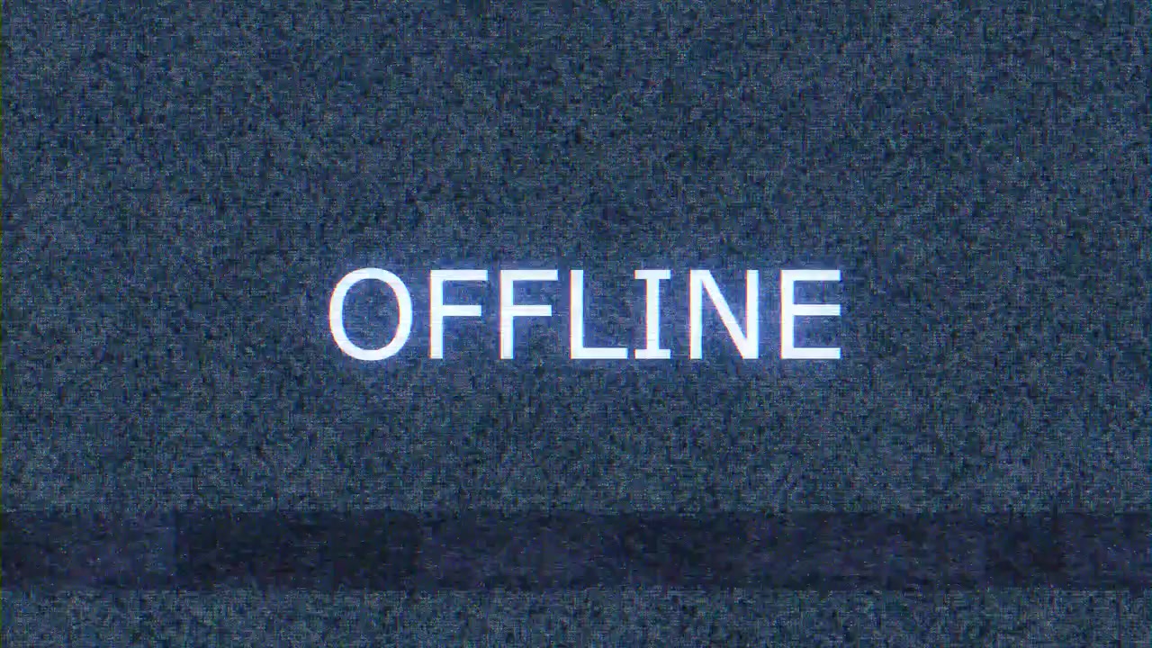 Blue noise offline text visual with heavy digital grain vhs style distortion and centered message
