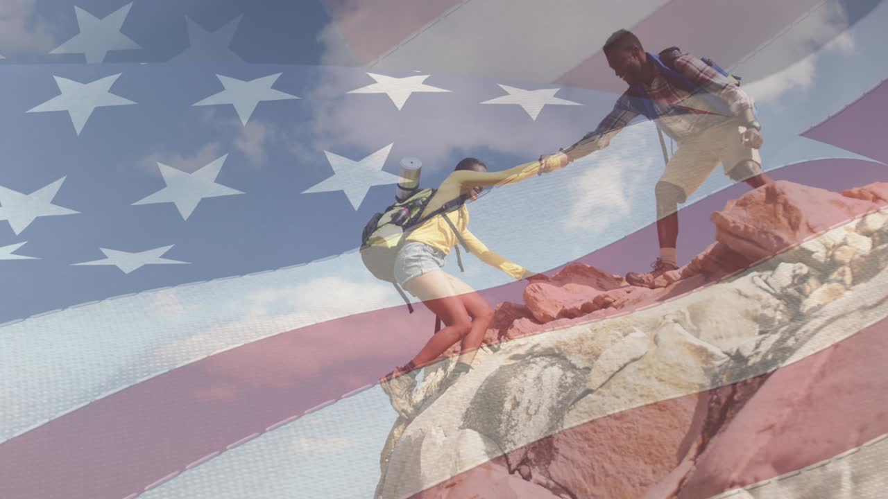 미국  ⁇ 발의 애니메이션이 커플 하이킹을 하고 있습니다.