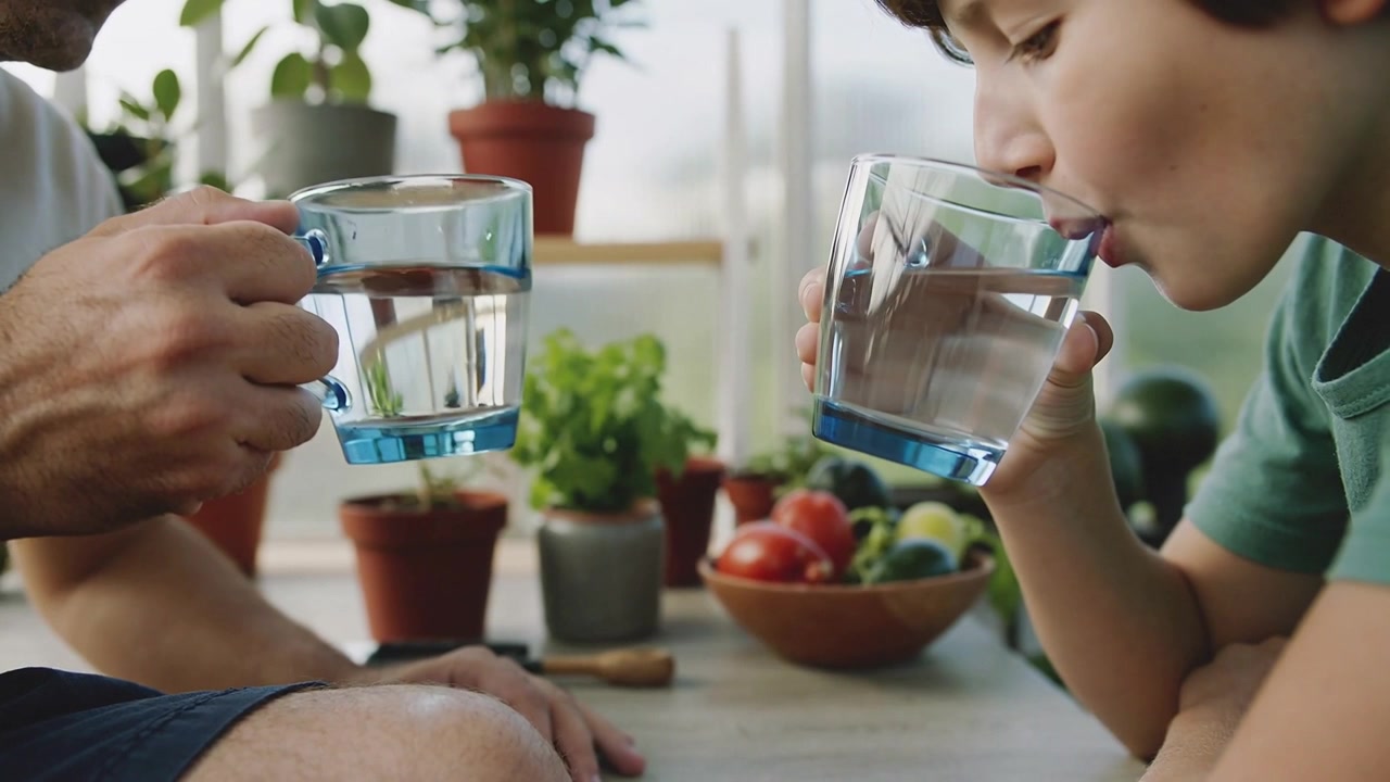 Vater und Kind lehnen an Wintergartentisch, bringen Gläser mit blauem Boden, Kind trinkt, um sich zu hydrieren.