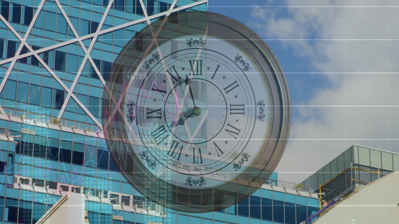 animación del procesamiento de datos financieros sobre el reloj y la ciudad