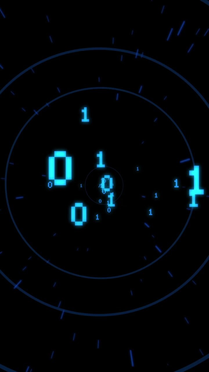 Vertical video: Starting from center cyan binary digits rotating out and scaling to show data flow