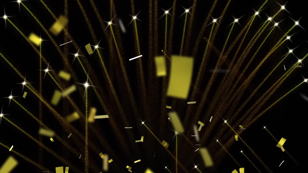 검은 바탕에 불꽃놀이와 콘페티의 애니메이션