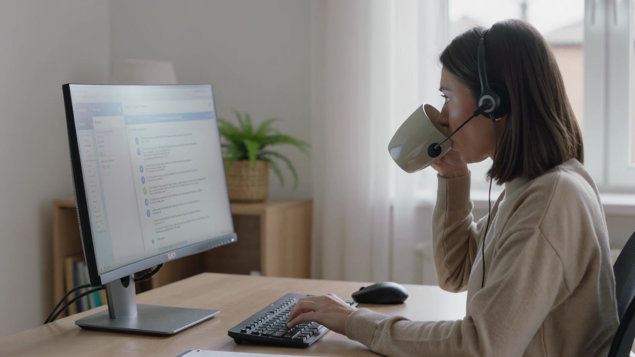 Donna con un maglione leggero che digita, sorseggiando da una tazza alla scrivania, controllando la posta in arrivo sul monitor con le cuffie, con spazio per il testo.