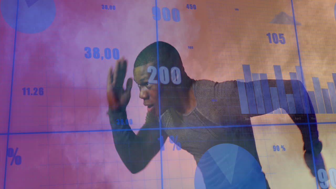 Running athlete with financial data and graphs animation overlay in background