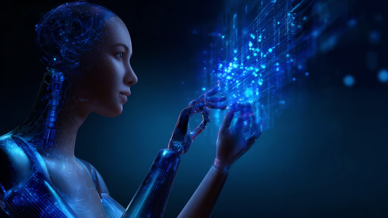 A futuristic humanoid robot interacts with a digital interface, showcasing advanced technology and the connection between artificial intelligence and human-like features