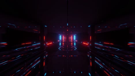 motion graphics of moving through highly reflective dark space with bright colorful led strips