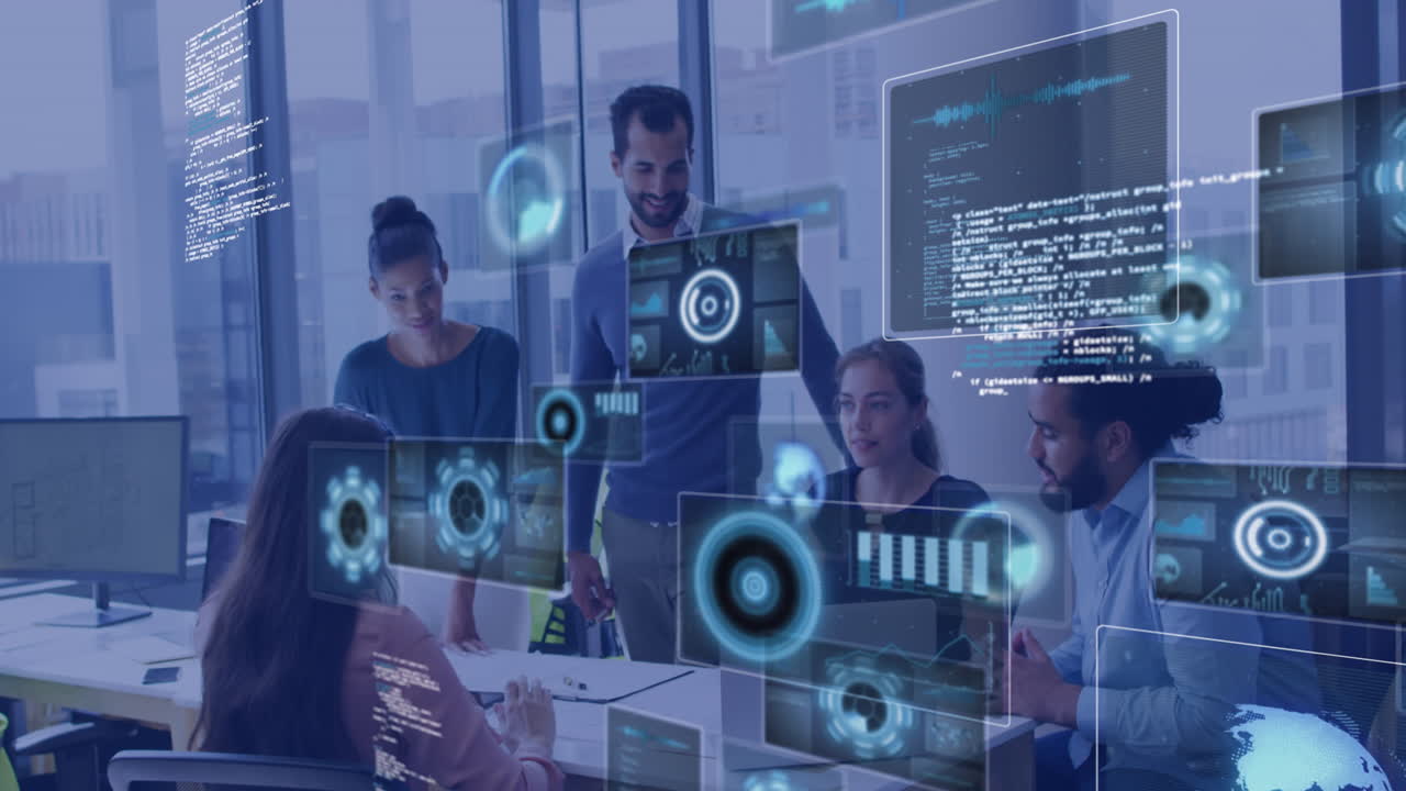 Animation of data processing on screens over diverse businesspeople working in office