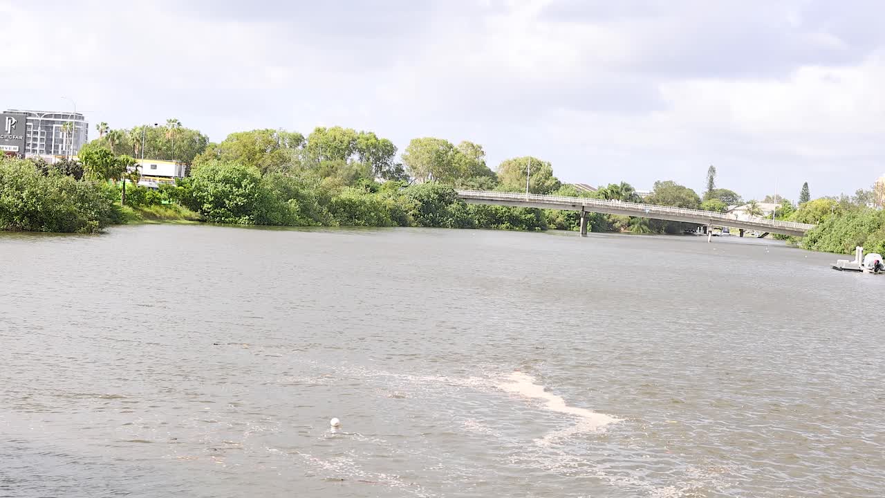 A tranquil river setting with gentle water movement, surrounded by lush greenery and urban structures under soft daylight