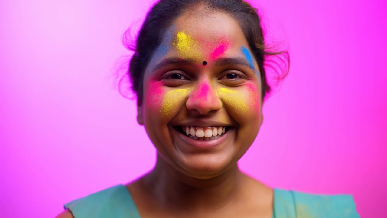 Smiling Woman With Holi Colors Against Pink Backdrop, Closeup Festival Portrait Showing Yellow Blue And Pink