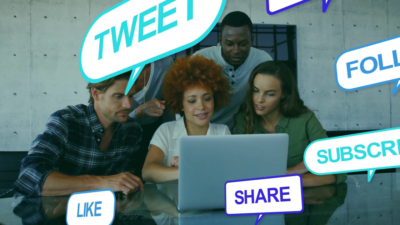 Team gathering round laptop, leaning and typing as LIKE TWEET bubbles appearing tracking engagement