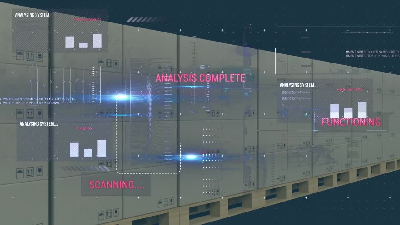 Animation of financial data processing over cardboard boxes on conveyor belt