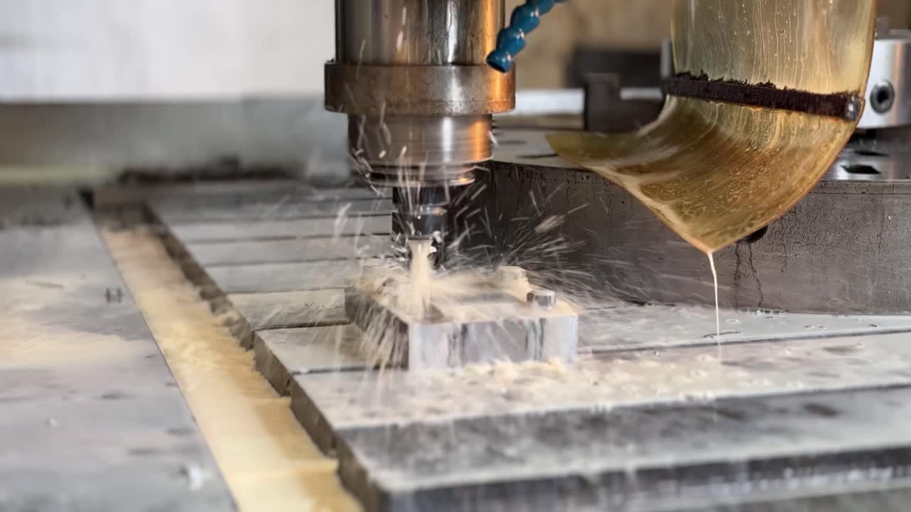 Automated Programmed CNC vertical drilling machine. Process over stainless steel metal piece Industrial Factory 4k. Type B