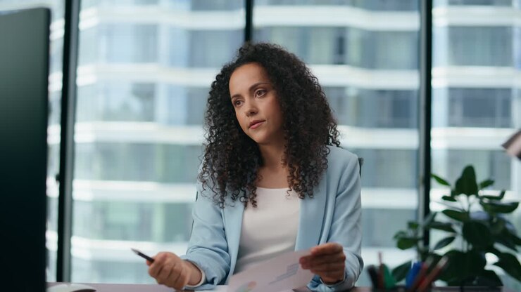 Woman coach hiring online using video conference close up. Technology in company