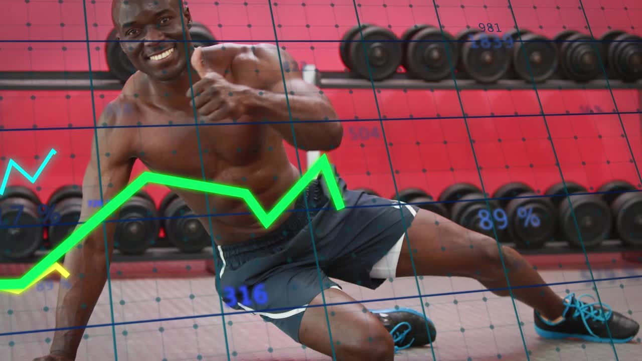Animation of graphs moving over african american fit man performing push up exercise at the gym