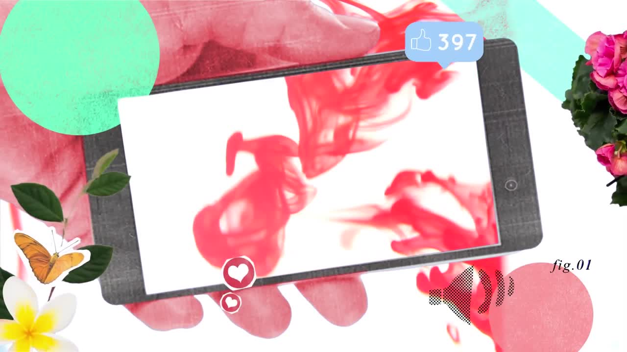 소셜 미디어와 함께 스마트폰을 들고 있는 손의 애니메이션, 손가락을 들고 말하는 거품