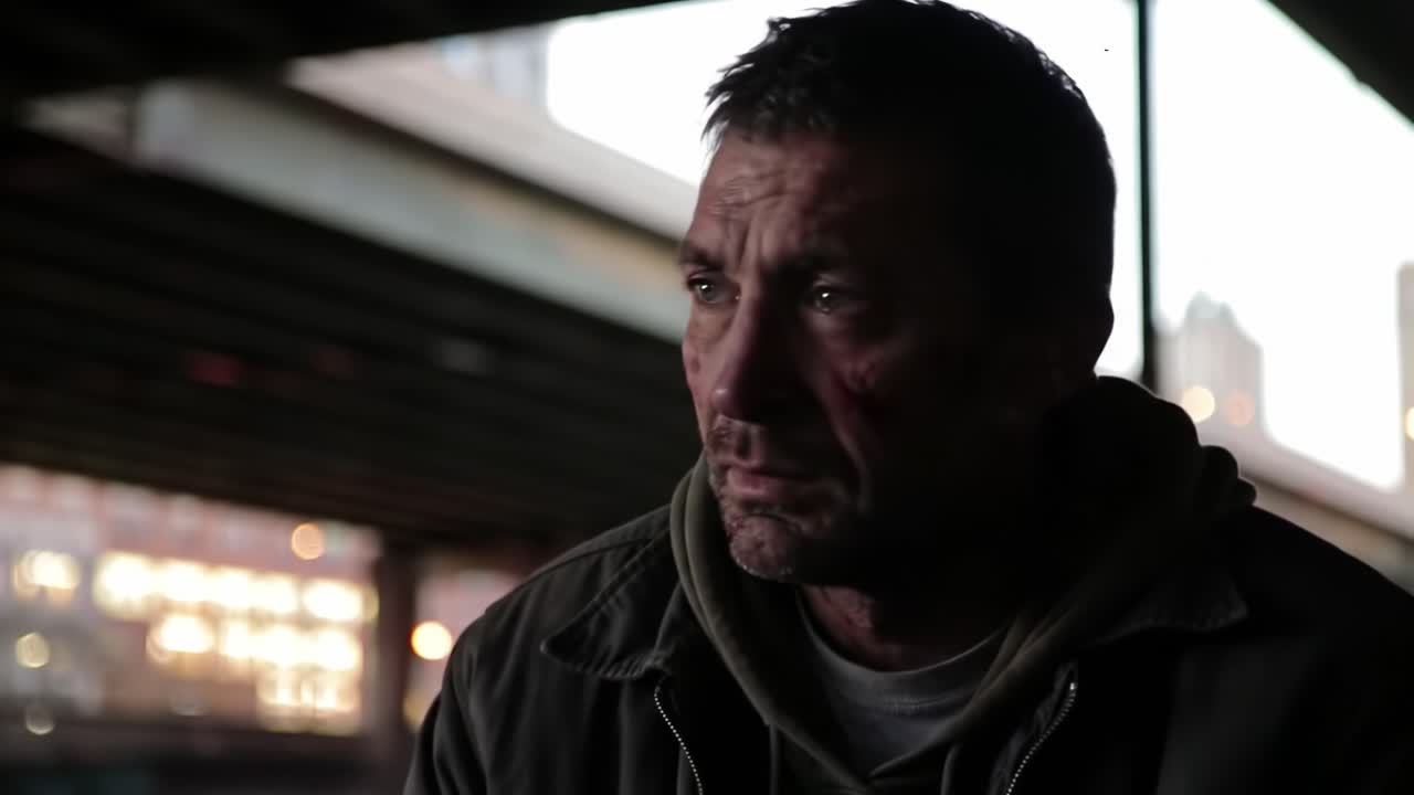 A deeply emotional moment captured under an urban overpass, revealing the struggles and reflective thoughts of an individual facing life's challenges and hardships