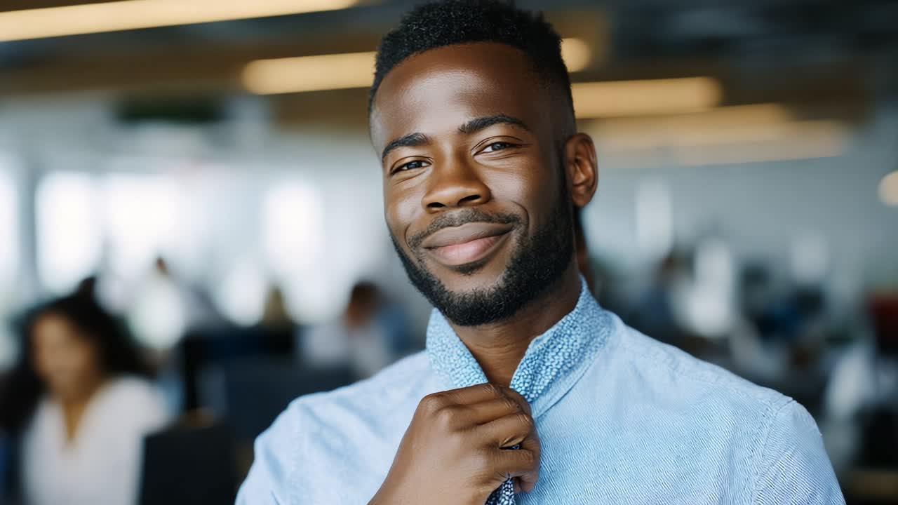 A Confident Individual Adjusting Their Collar with a Determined Smile in a Modern Office Environment, Symbolizing Professionalism, Success, and Self-Assurance in the Workplace Atmosphere