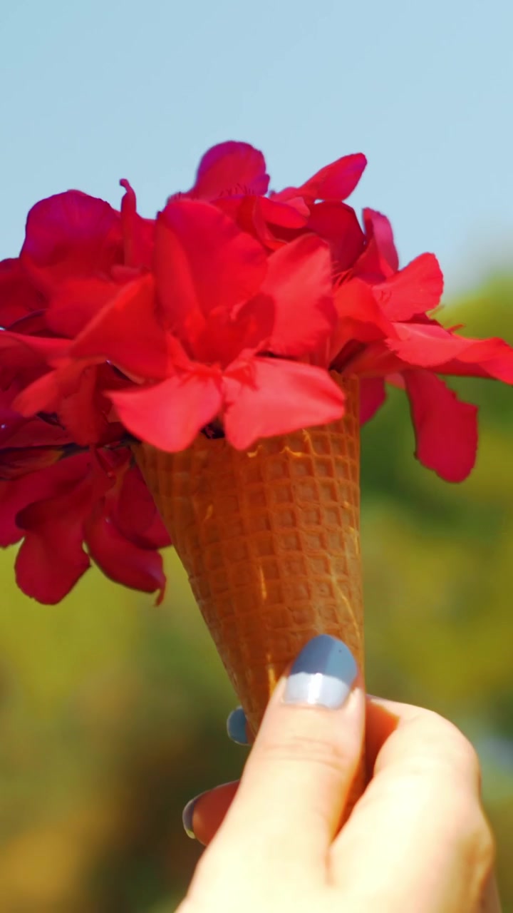 Bouquet estivo rosso in cono waffle