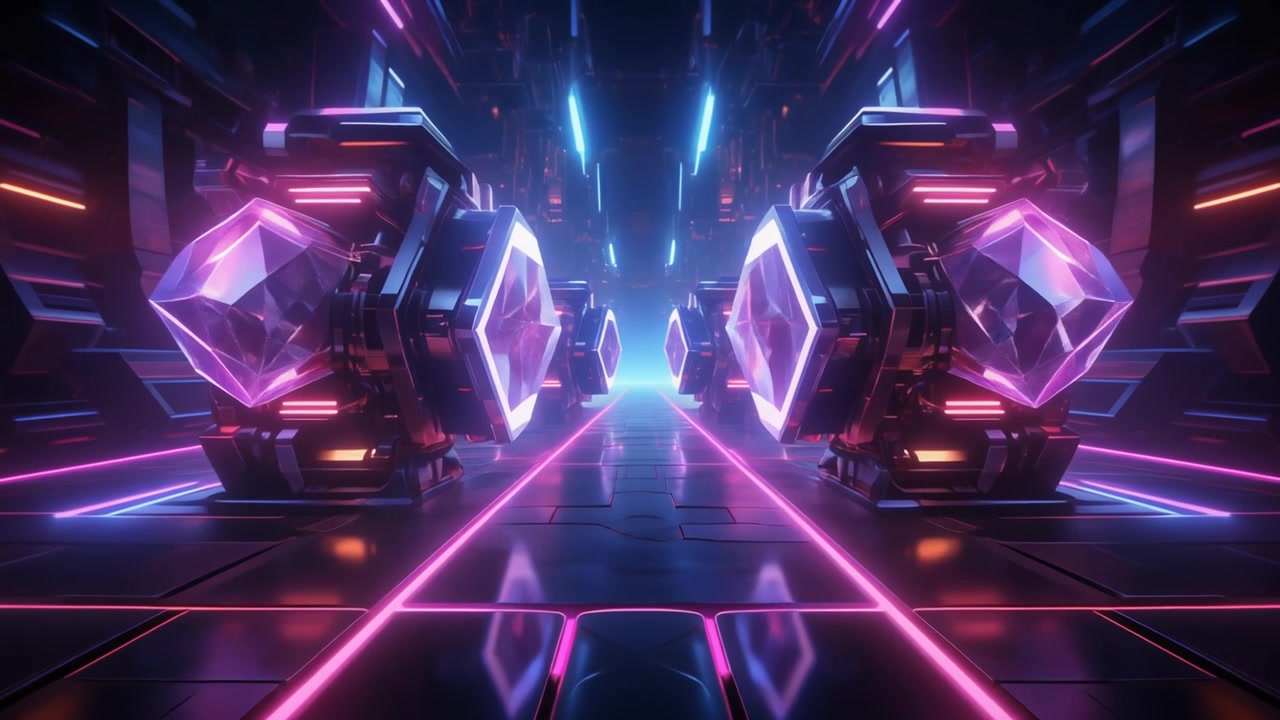 Parlayan Mor Kristaller ve Neon Işıklarla Fütüristik Koridor