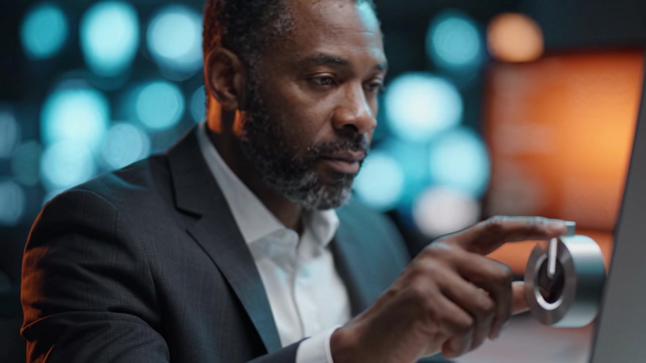Focused Professional Engaging with Technology in a Modern Workspace: A Journey from Concentration to Action with Digital Interfaces Illuminated in the Background