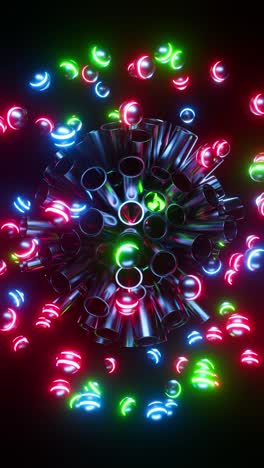 las esferas de neón multicolores saltan de los tubos metálicos. animación en bucle vertical