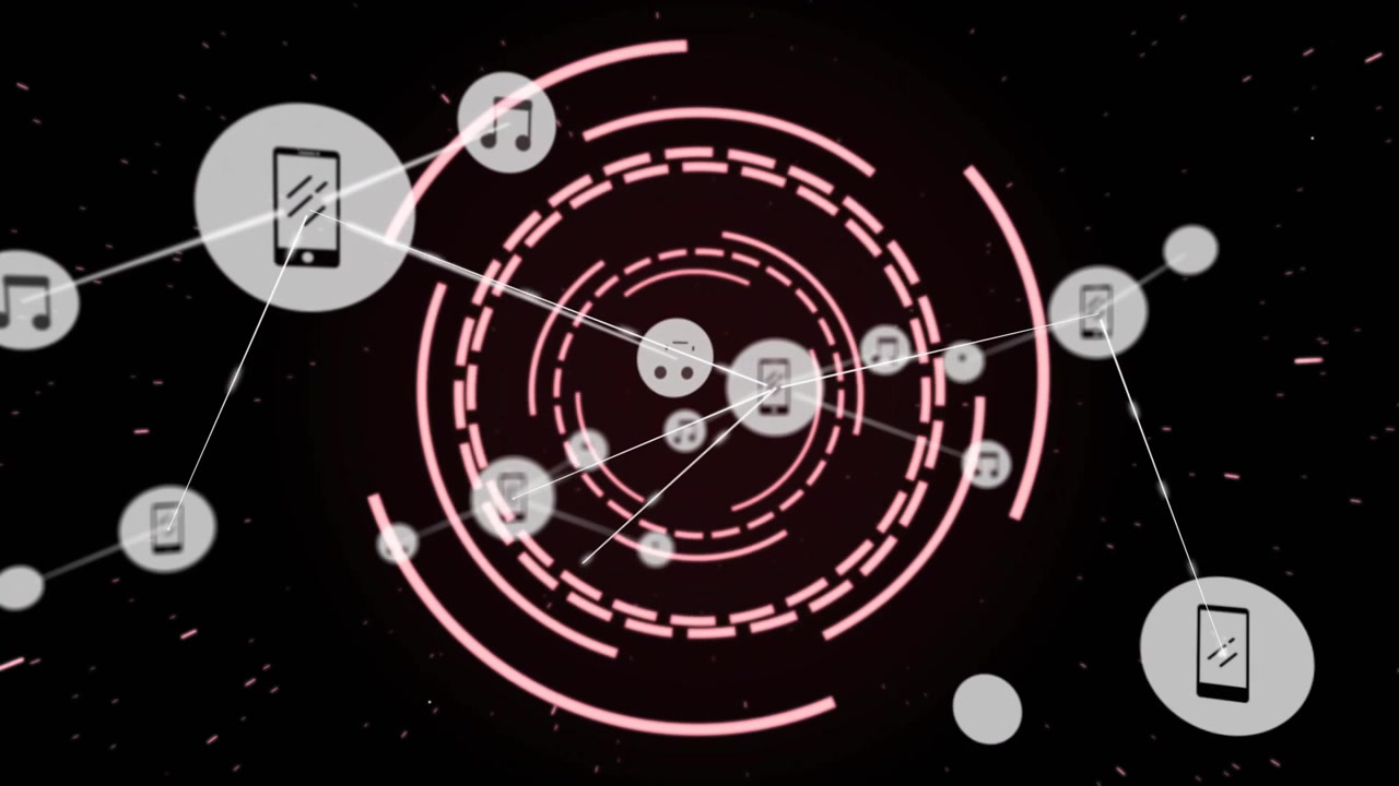 Pink HUD pulsing emitting phone nodes and lines expanding into stars, creating tech network
