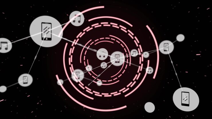 Pink HUD pulsing emitting phone nodes and lines expanding into stars, creating tech network