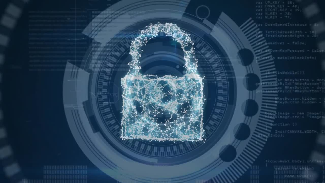 animación de nubes digitales y candado sobre fondo azul con círculos giratorios