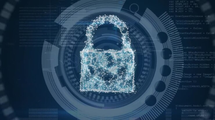 Animation of digital clouds and padlock over blue background with rotating circles