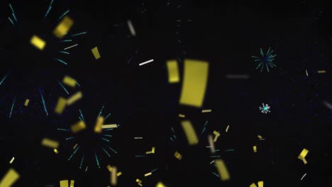 Animation-of-happy-new-year-text-in-blue-with-blue-new-year-fireworks-and-gold-confetti-in-night-sky