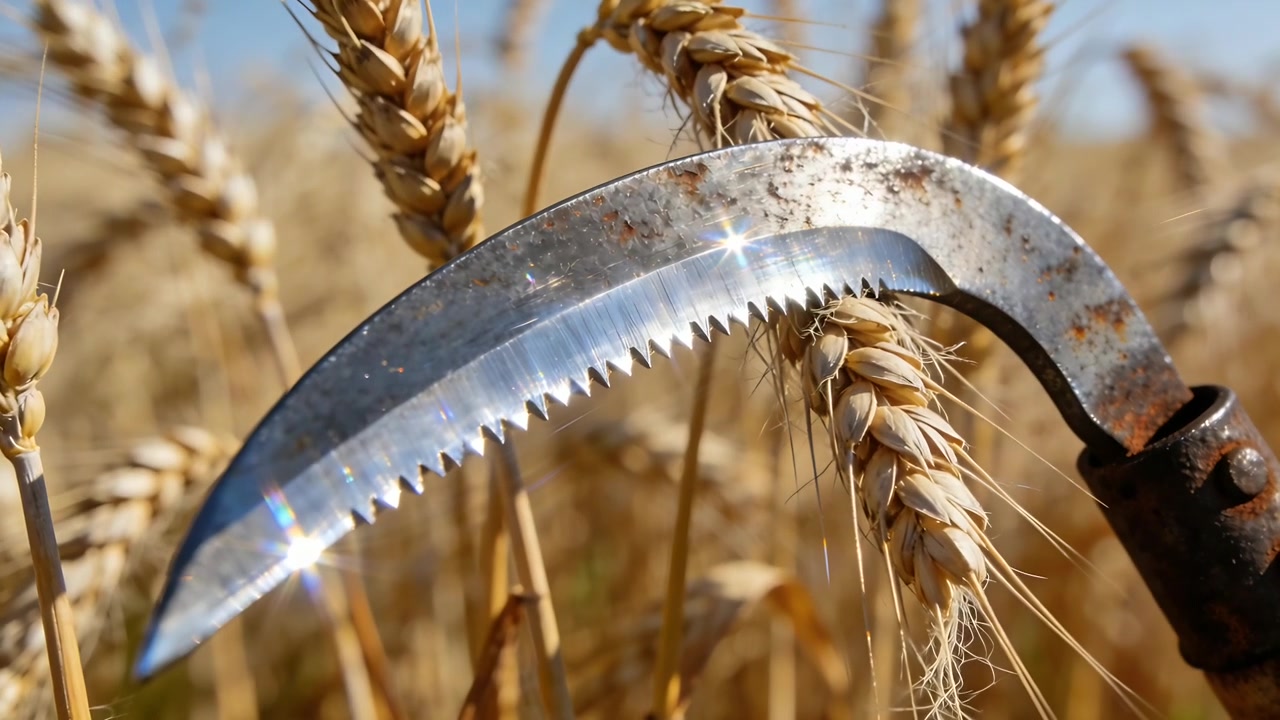 Début de la caméra filmant une lame de faucille courbée et dentelée récoltant des épis de blé mûrs dans un champ de blé