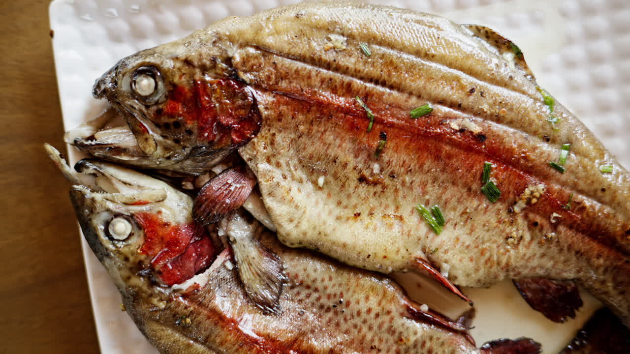 Two seasoned, grilled trouts on a white plate